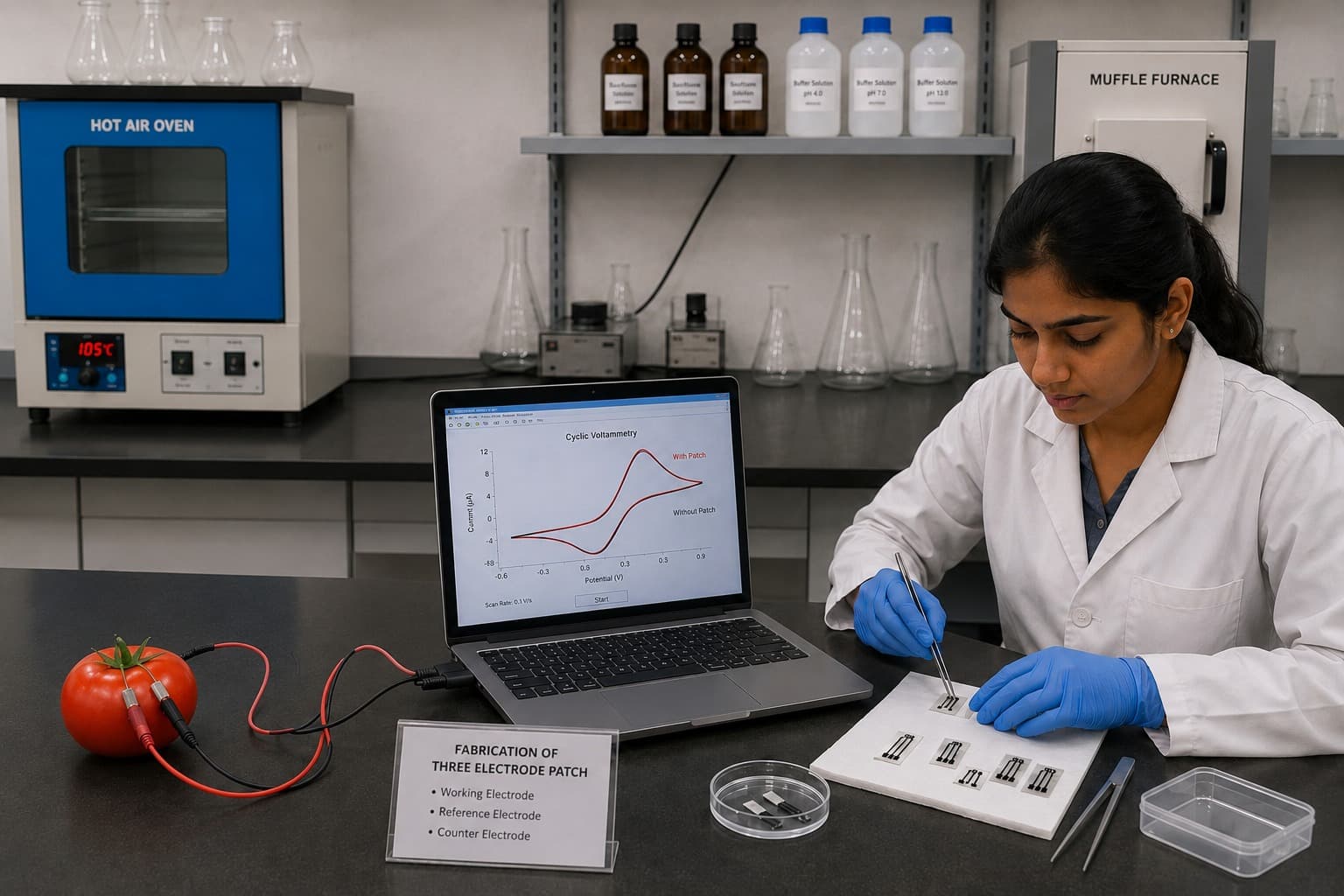 AgroDetect researcher performing electrochemical sensor testing in the laboratory