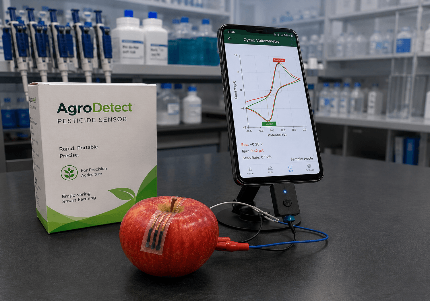 AgroDetect pesticide sensor, apple sample and smartphone result display