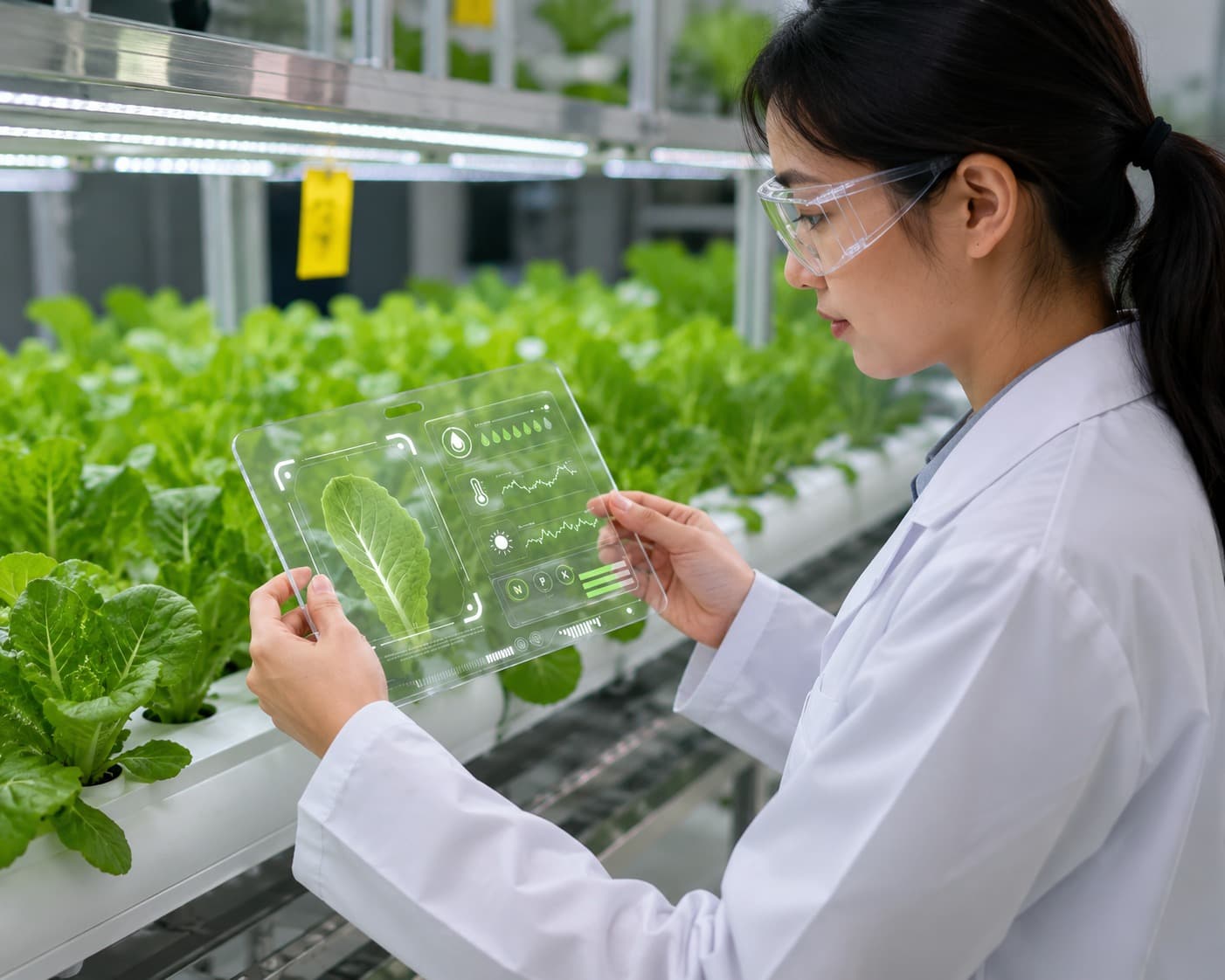 Agricultural researcher monitoring leafy crops with a digital analysis display